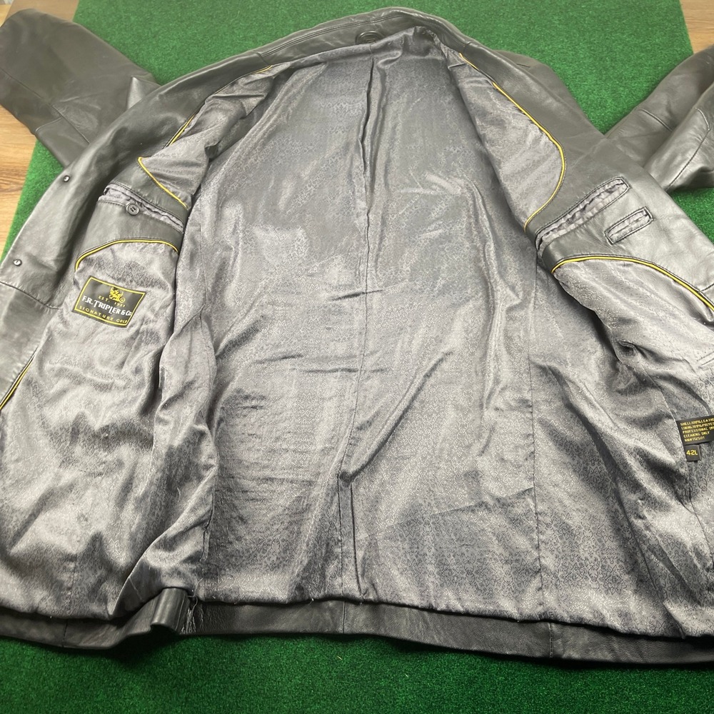 F.R. Tripler & Co Signature Gold Black Leather Blazer Jacket Mens 42L - Picture 9 of 10